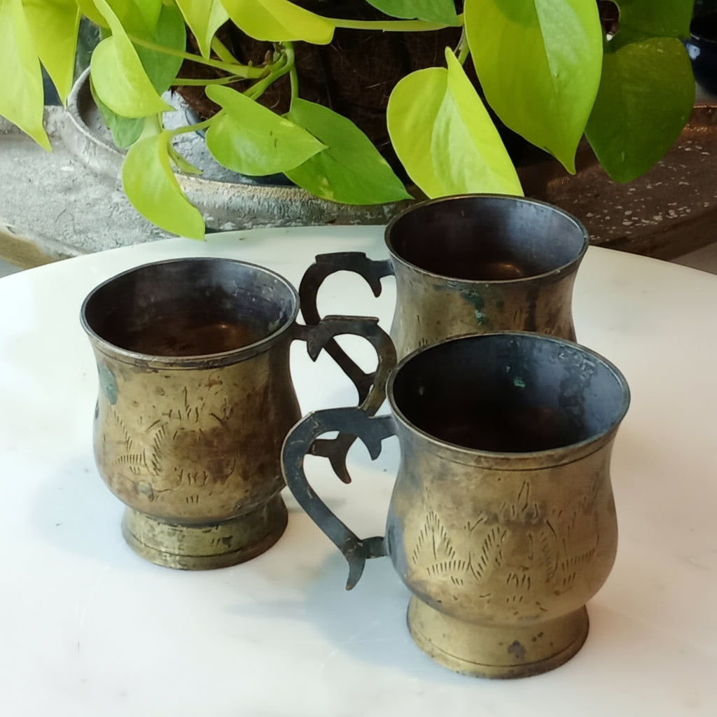 Antique Brass Coffee Mug with Silver Coating - Set of 3