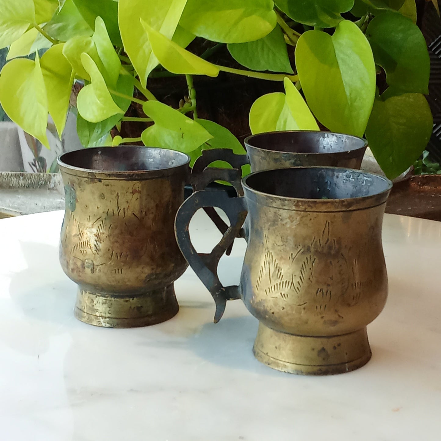 Antique Brass Coffee Mug with Silver Coating - Set of 3