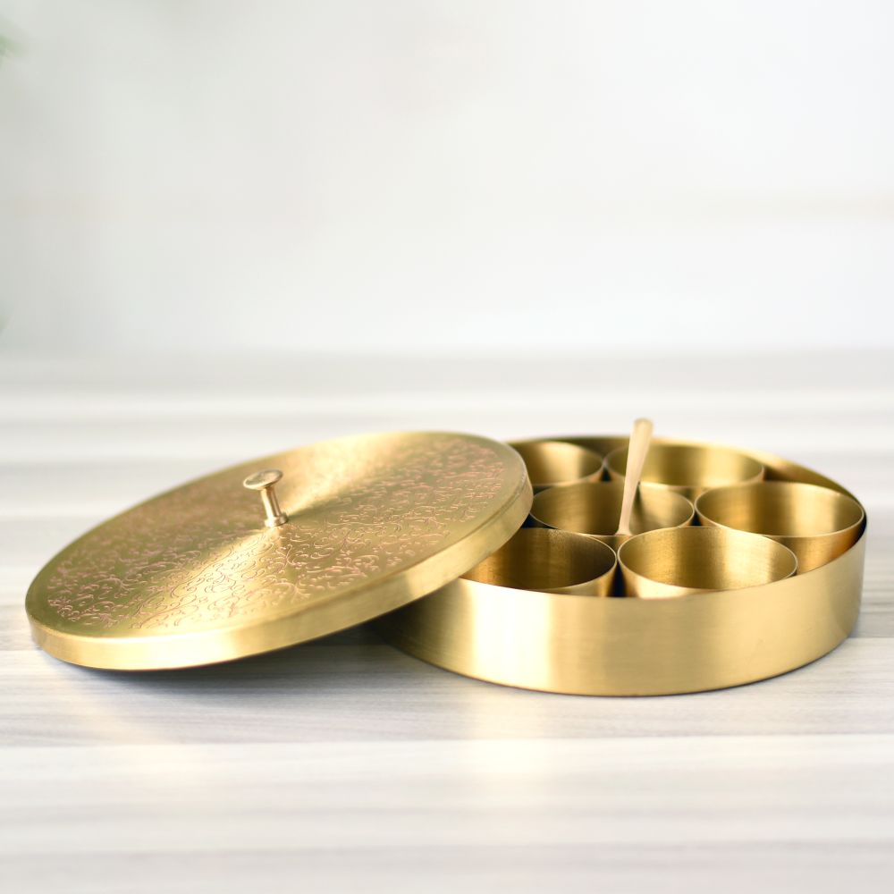 Brass Engraved Spice Box - Essential Traditions by Kayal - - International Shipping