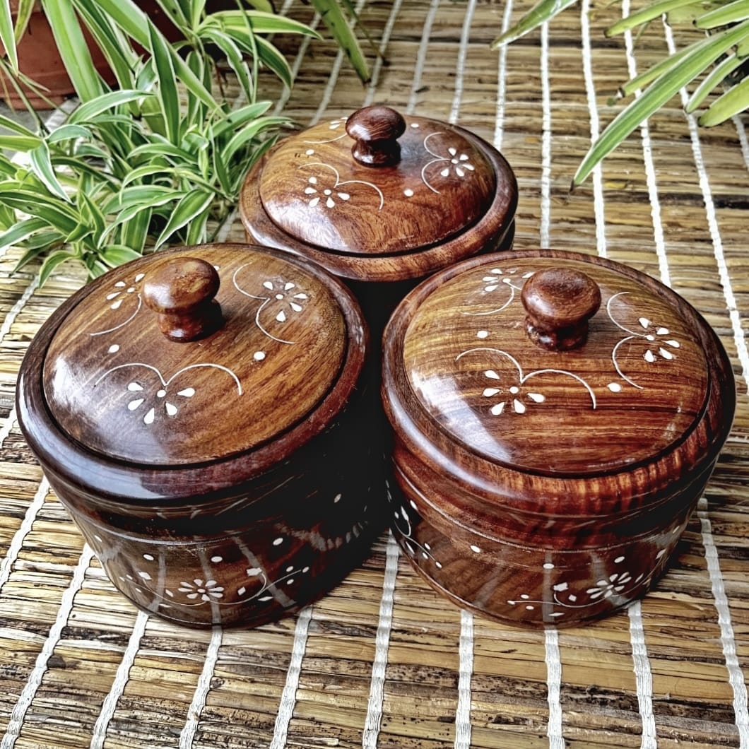 Wooden Storage Pot - Set of 3 - Essential Traditions by Kayal - - International Shipping