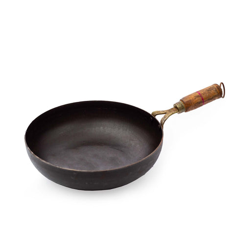 Seasoned Iron Flat Kadai with Wooden Handle