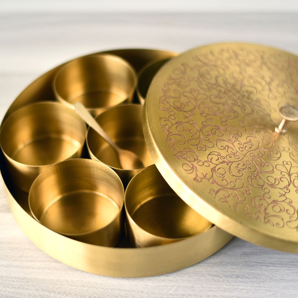 Brass Engraved Spice Box - Essential Traditions by Kayal -   - International Shipping