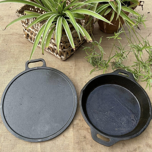 Seasoned Cast Iron Flat Dosa Tawa and Skillet Combo - Essential Traditions by Kayal -   - International Shipping