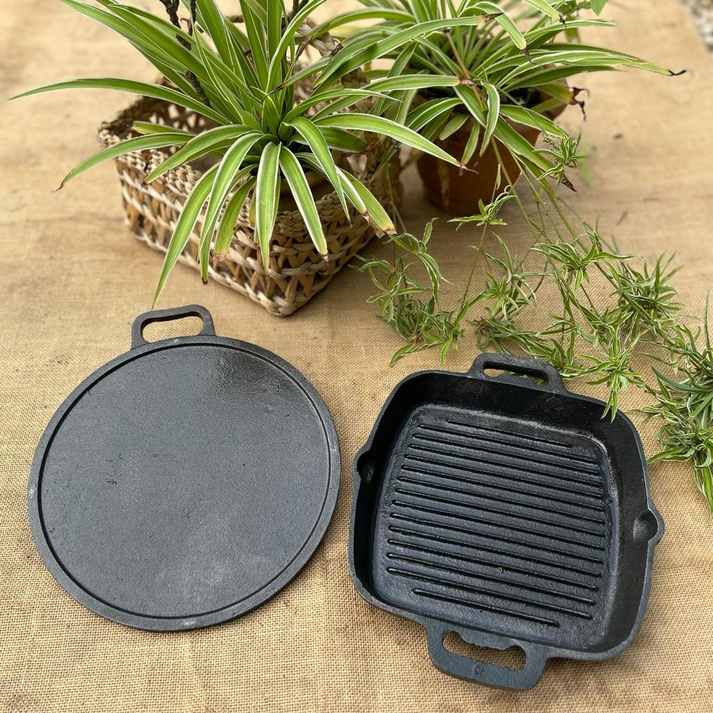 Cast Iron Dosa Tawa and Grill Pan Combo - Seasoned & Ready to Use