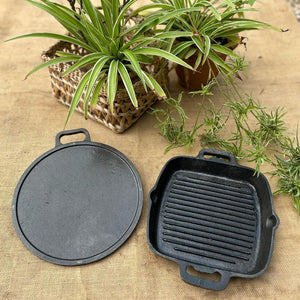 Cast Iron Dosa Tawa and Grill Pan Combo - Seasoned & Ready to Use - Essential Traditions by Kayal -   - International Shipping