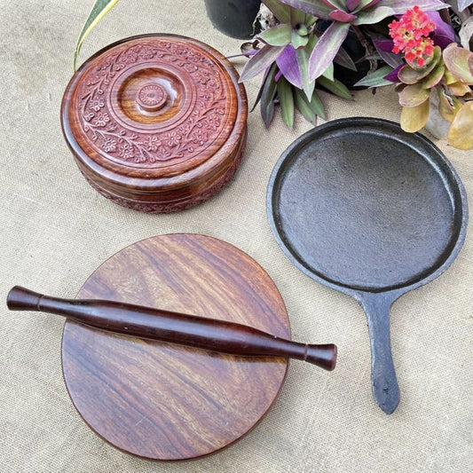 The Complete Chapati Kit: Cast Iron Tawa, Wooden Roti Box, and Chapathi Roller
