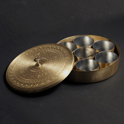 Brass Engraved Spice Box with TIN coated containers